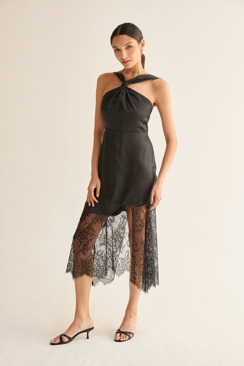 Lora Lace Hem Satin Halter Midi Dress