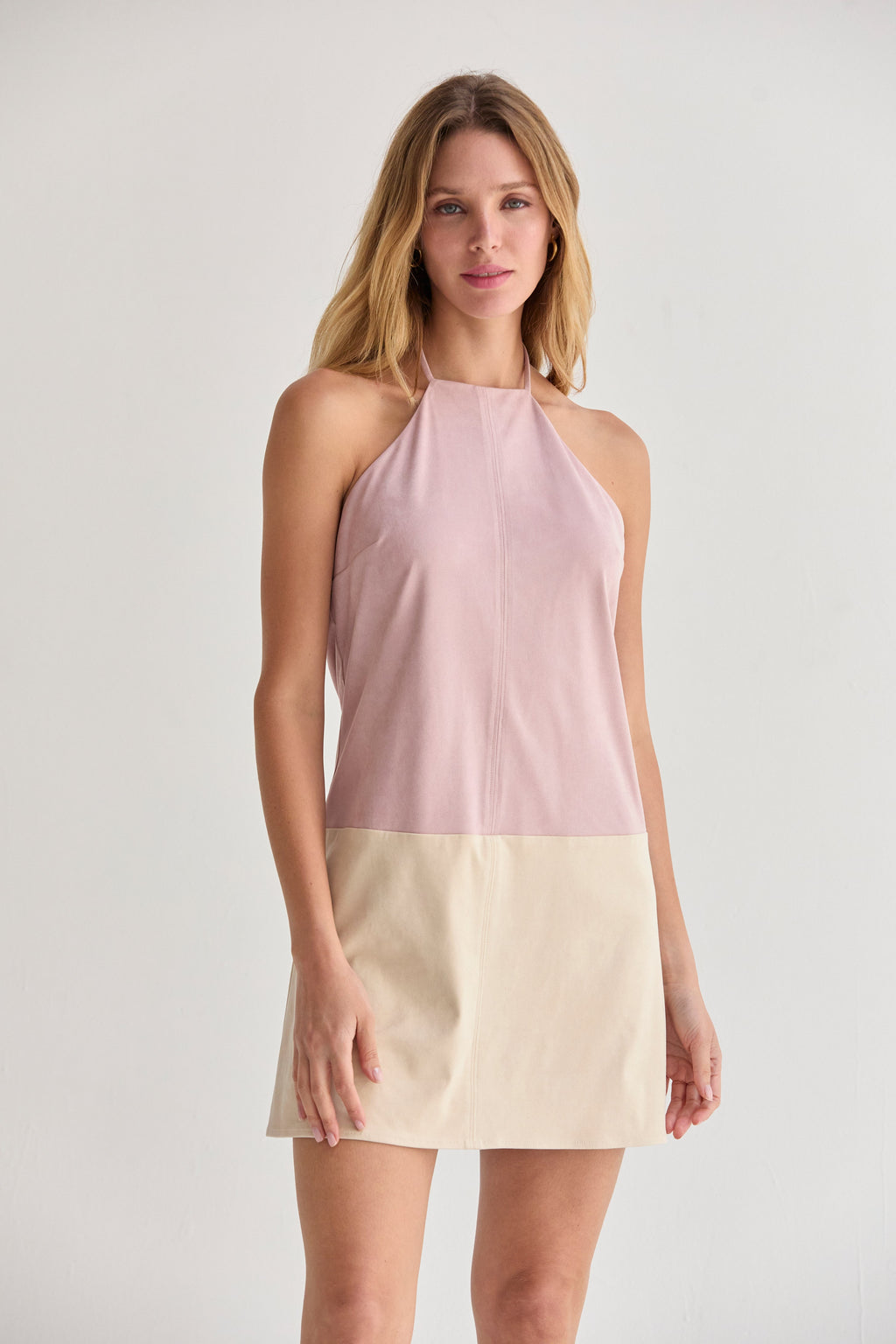 Sidney Suede Color Block Halter Mini Dress
