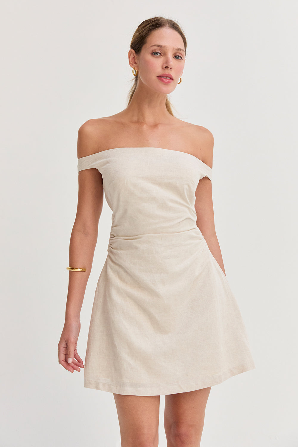 Talia Off Shoulder Side Ruched Linen Mini Dress