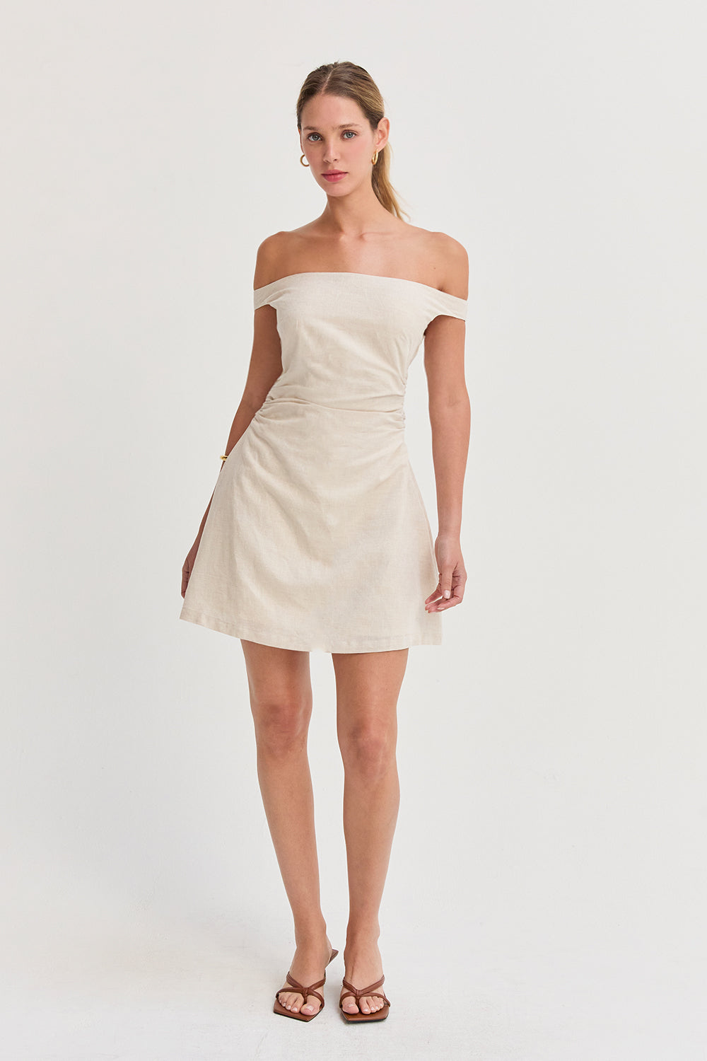 Talia Off Shoulder Side Ruched Linen Mini Dress