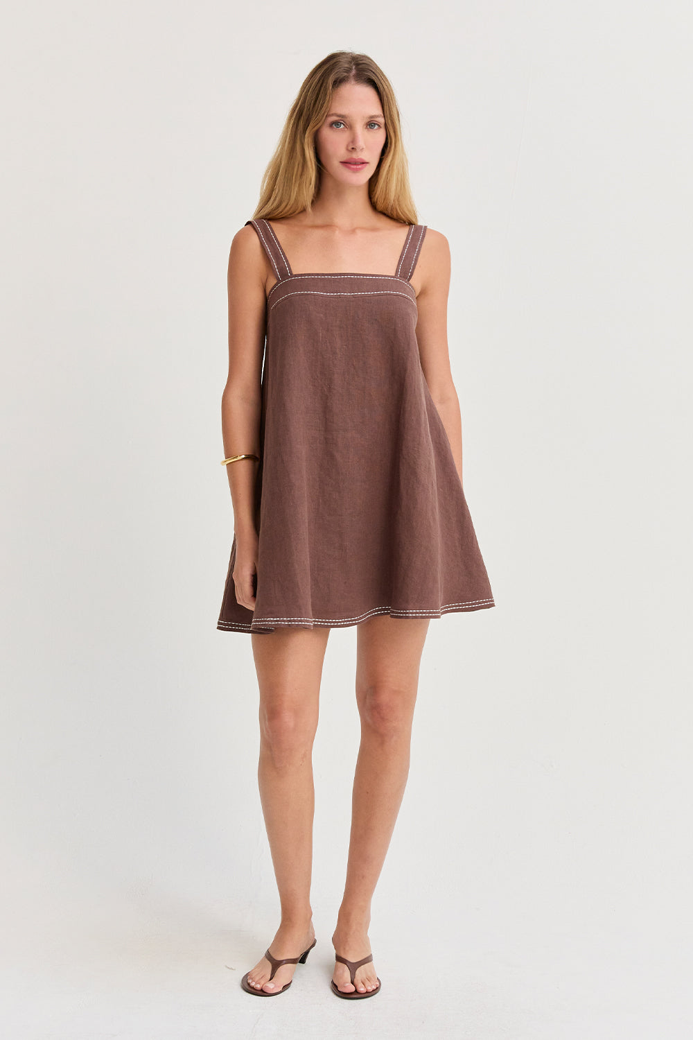 Jael Contrast Stitch Square Neck Linen Mini Dress