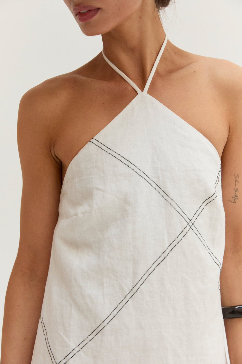 Lena Contrast Stitch Halter Linen Mini Dress