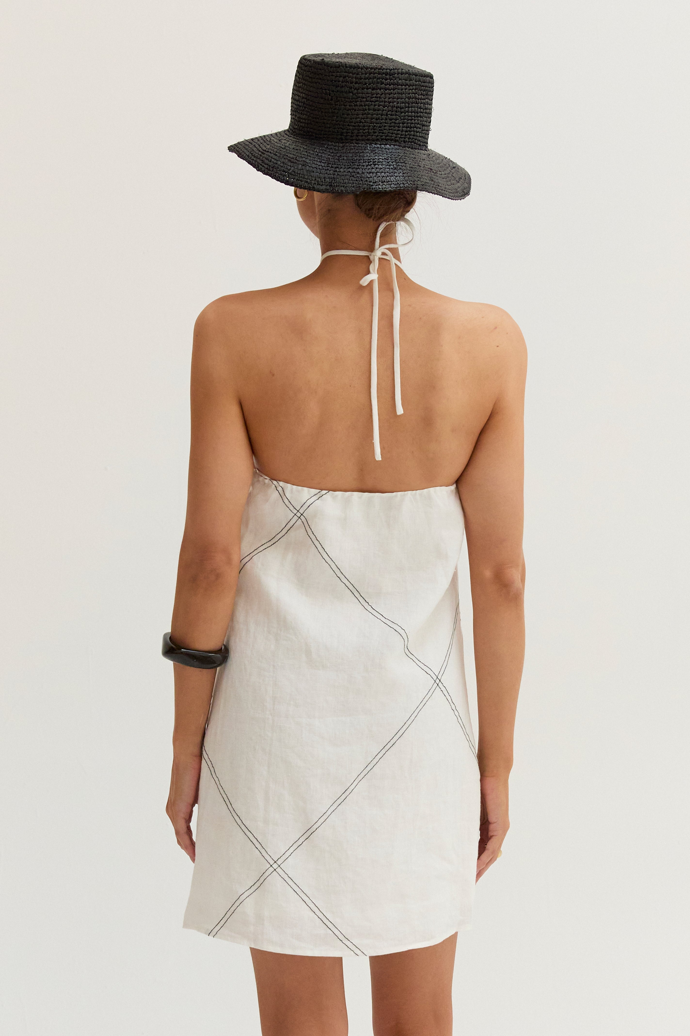 Lena Contrast Stitch Halter Linen Mini Dress