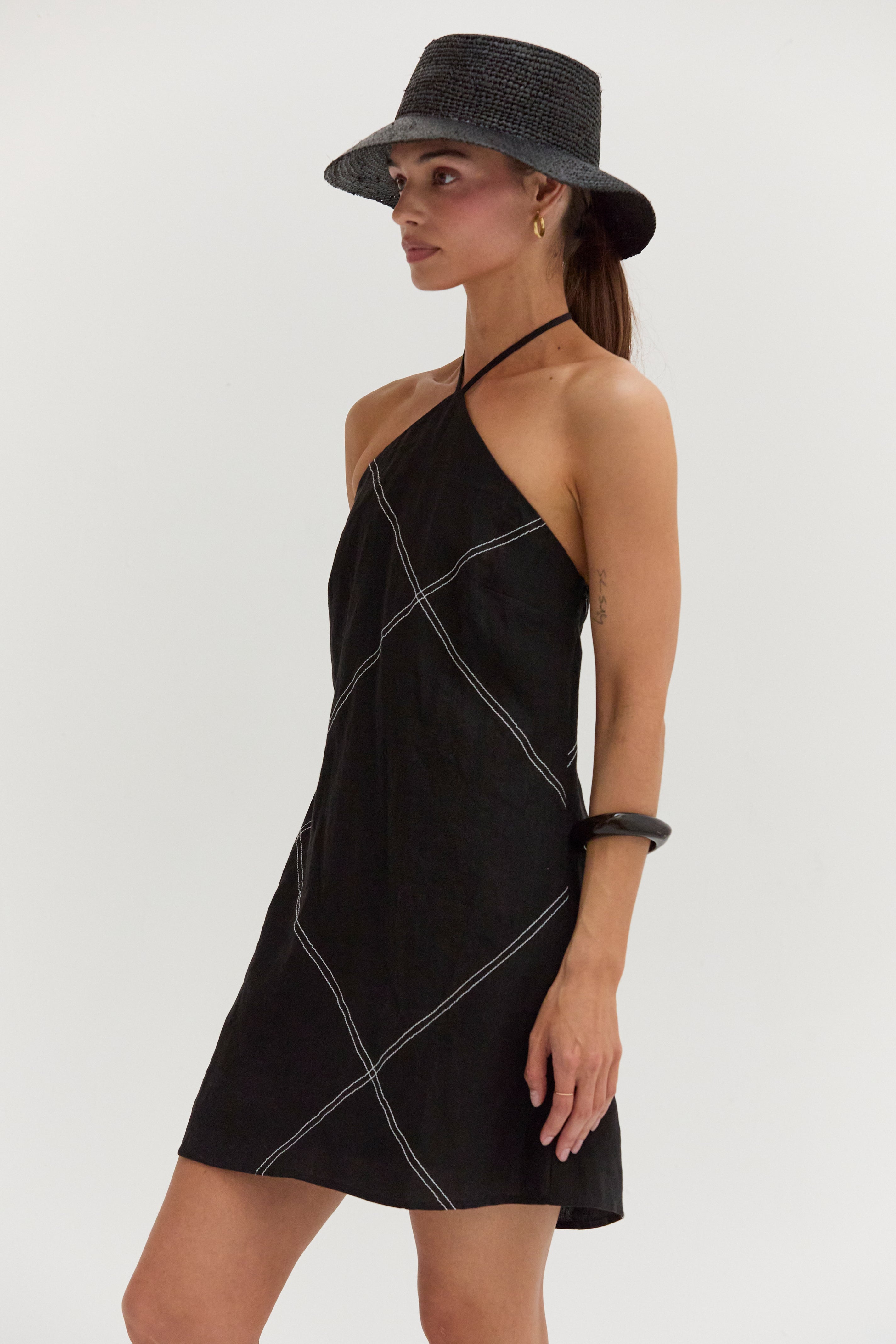 Lena Contrast Stitch Halter Linen Mini Dress