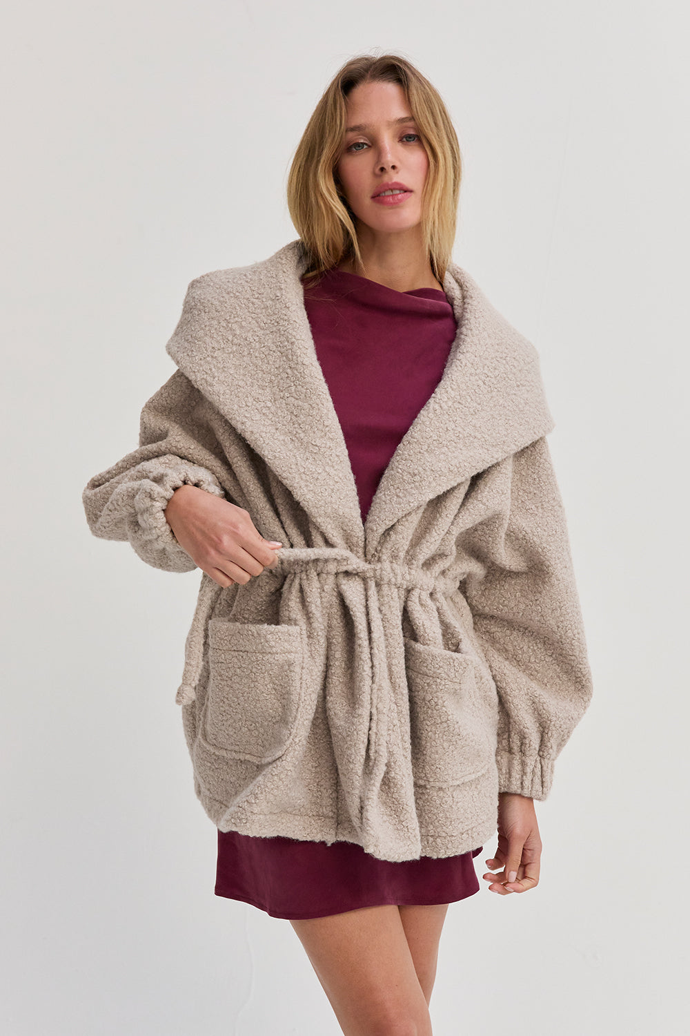 Lenny Cinched Waist Hooded Boucle Jacket