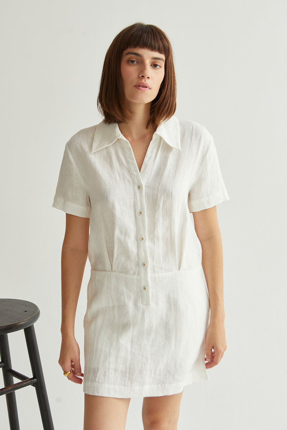 Casey Collared V-Neck Short Sleeve Linen Shirt Dress
