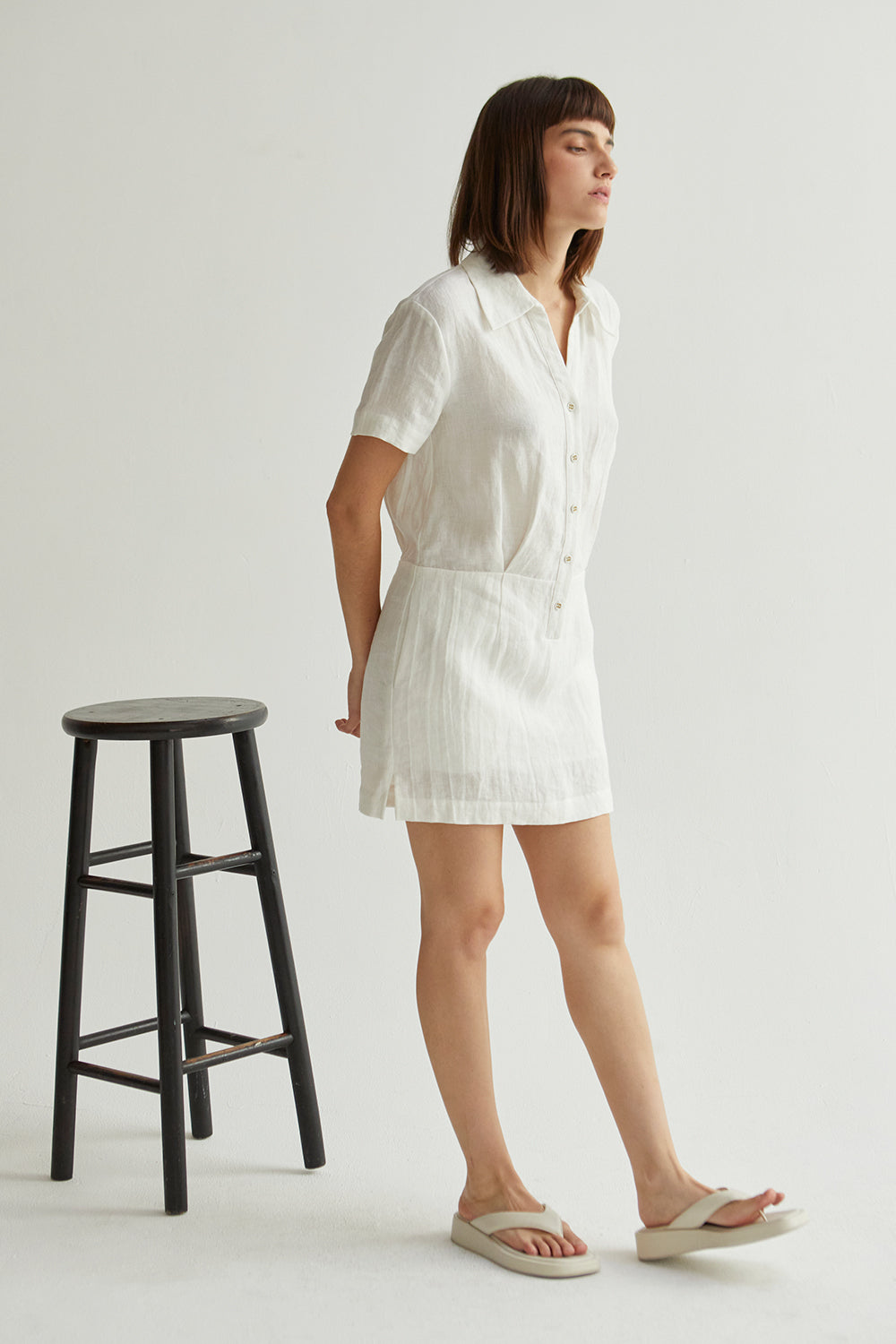 Casey Collared V-Neck Short Sleeve Linen Shirt Dress