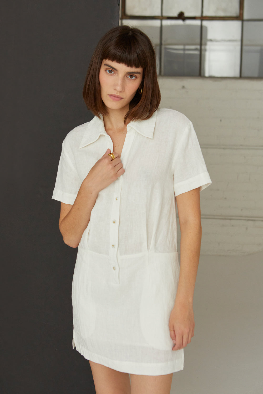 Casey Collared V-Neck Short Sleeve Linen Shirt Dress