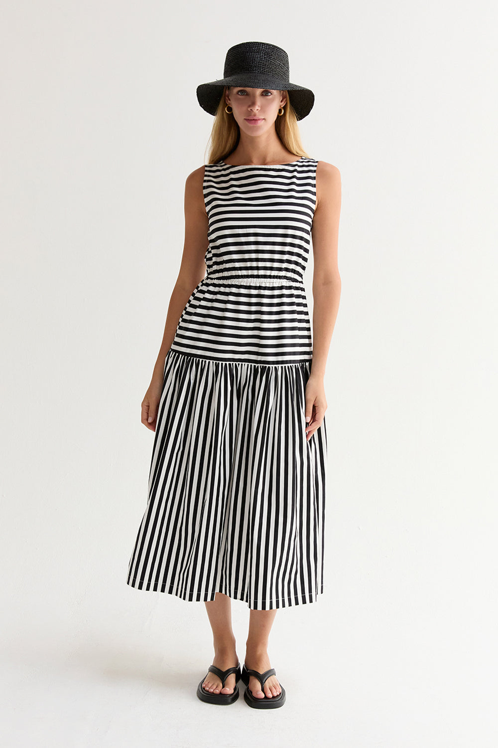 Junie Cotton Blend Gathered Stripe Midi Dress