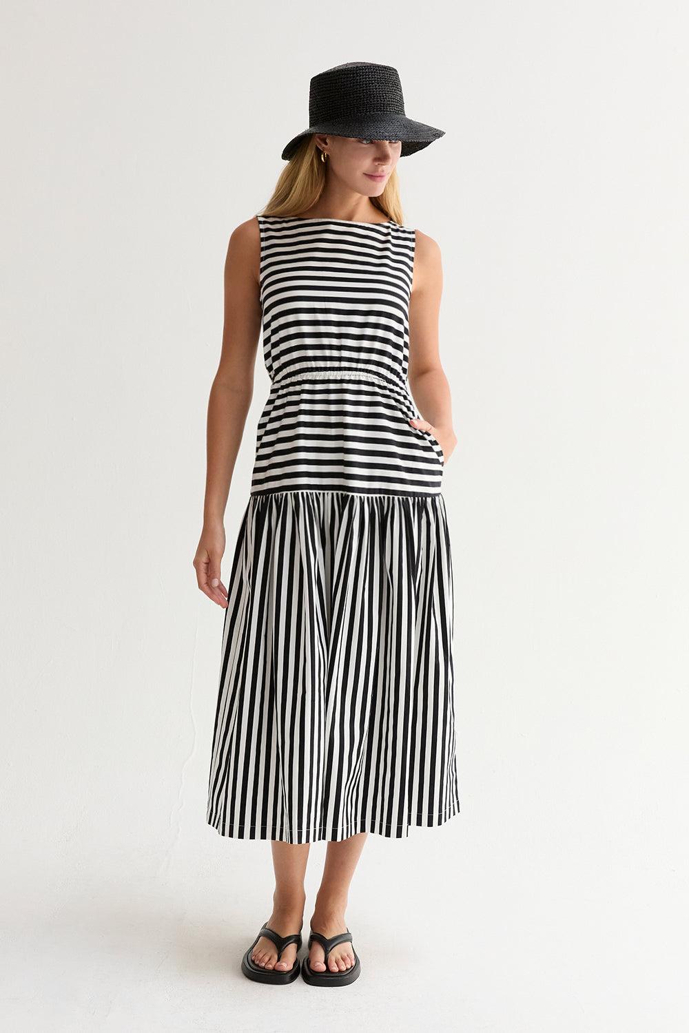 Junie Cotton Blend Gathered Stripe Midi Dress