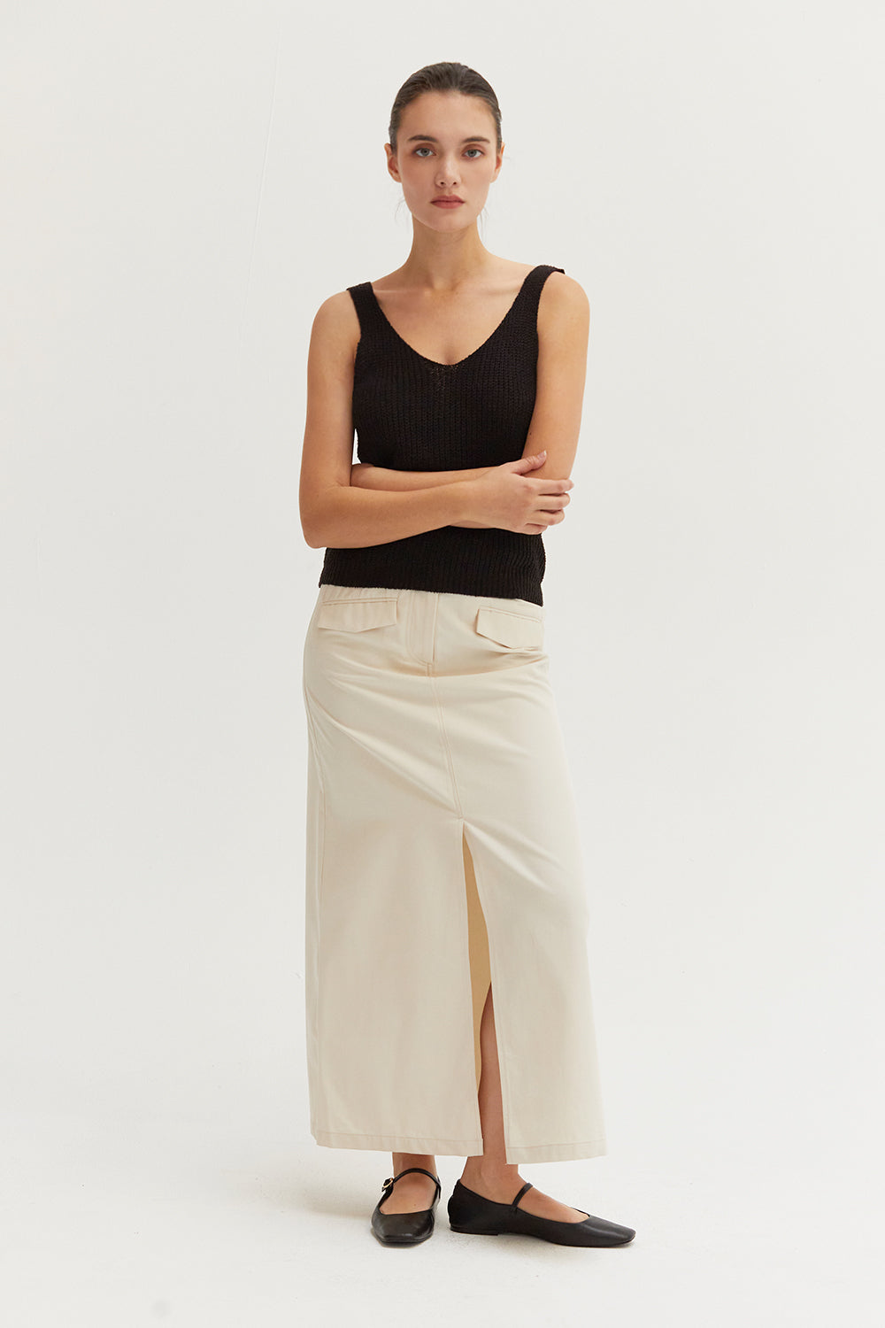 Yunes Front Bottom Slit Midi Skirt