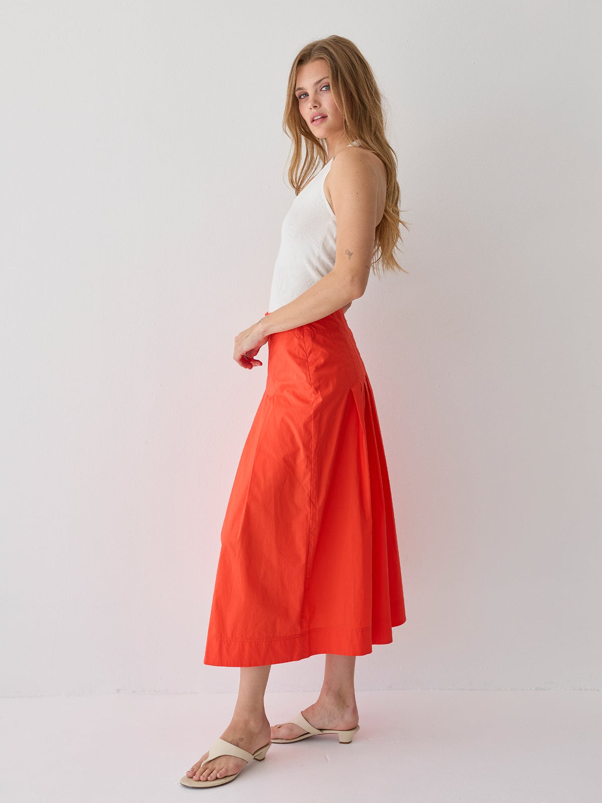 Remi Poplin Box Pleated Midi Skirt