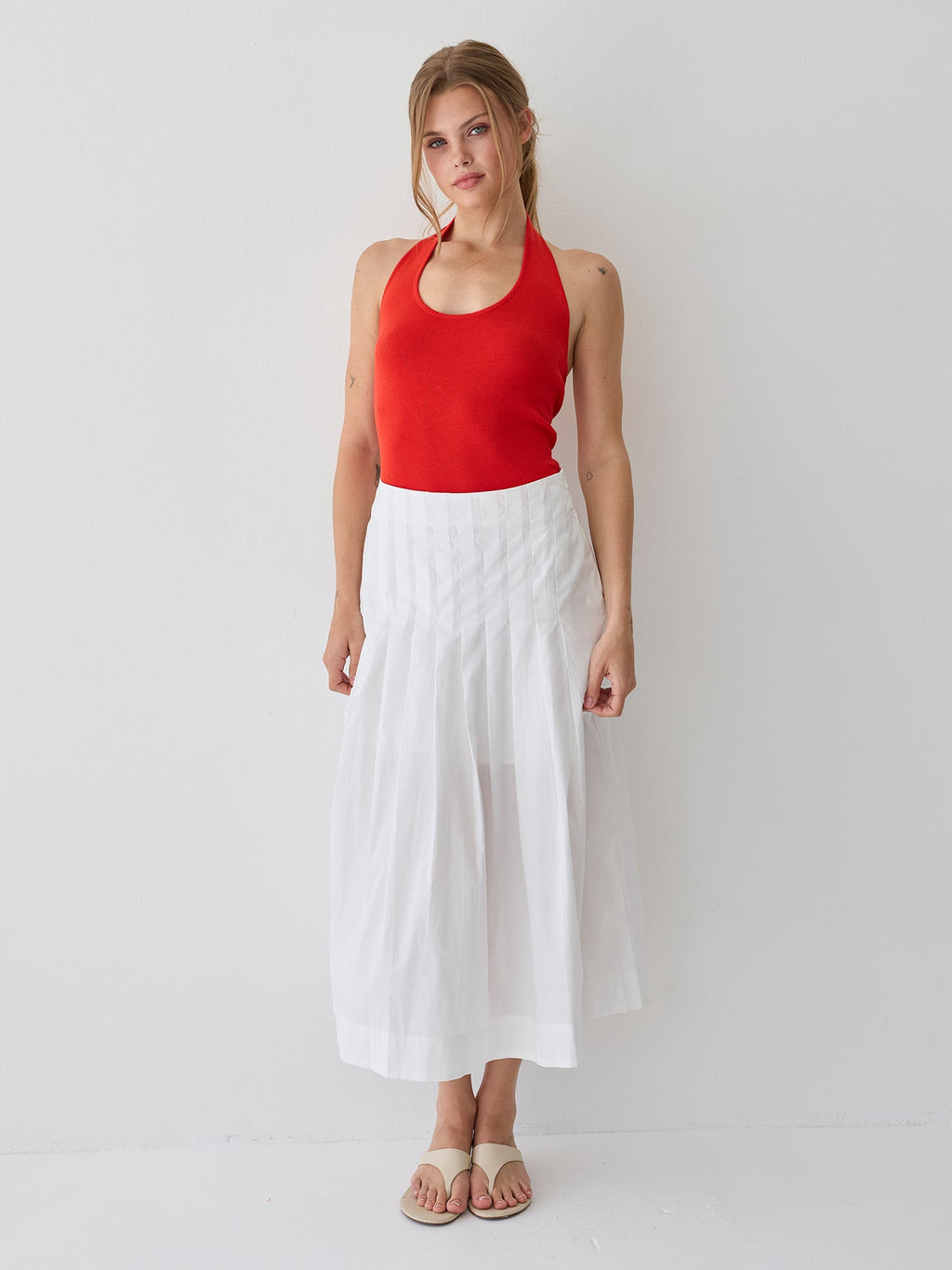 Remi Poplin Box Pleated Midi Skirt