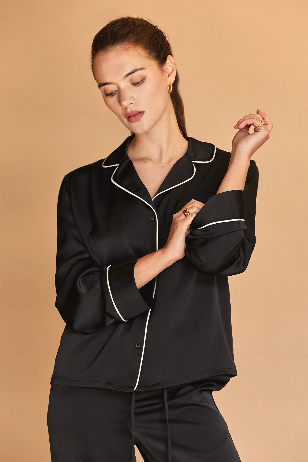 Davina Pajama Long Sleeves Top With Notched Lapel Collar