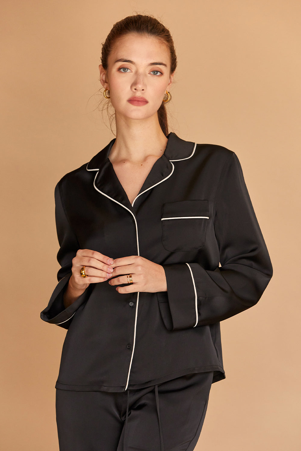 Davina Pajama Long Sleeves Top With Notched Lapel Collar