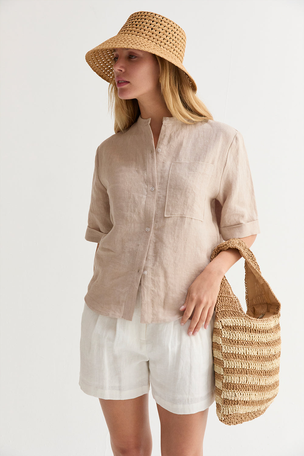 Joyce Mandarin Collar Button Up Linen Top