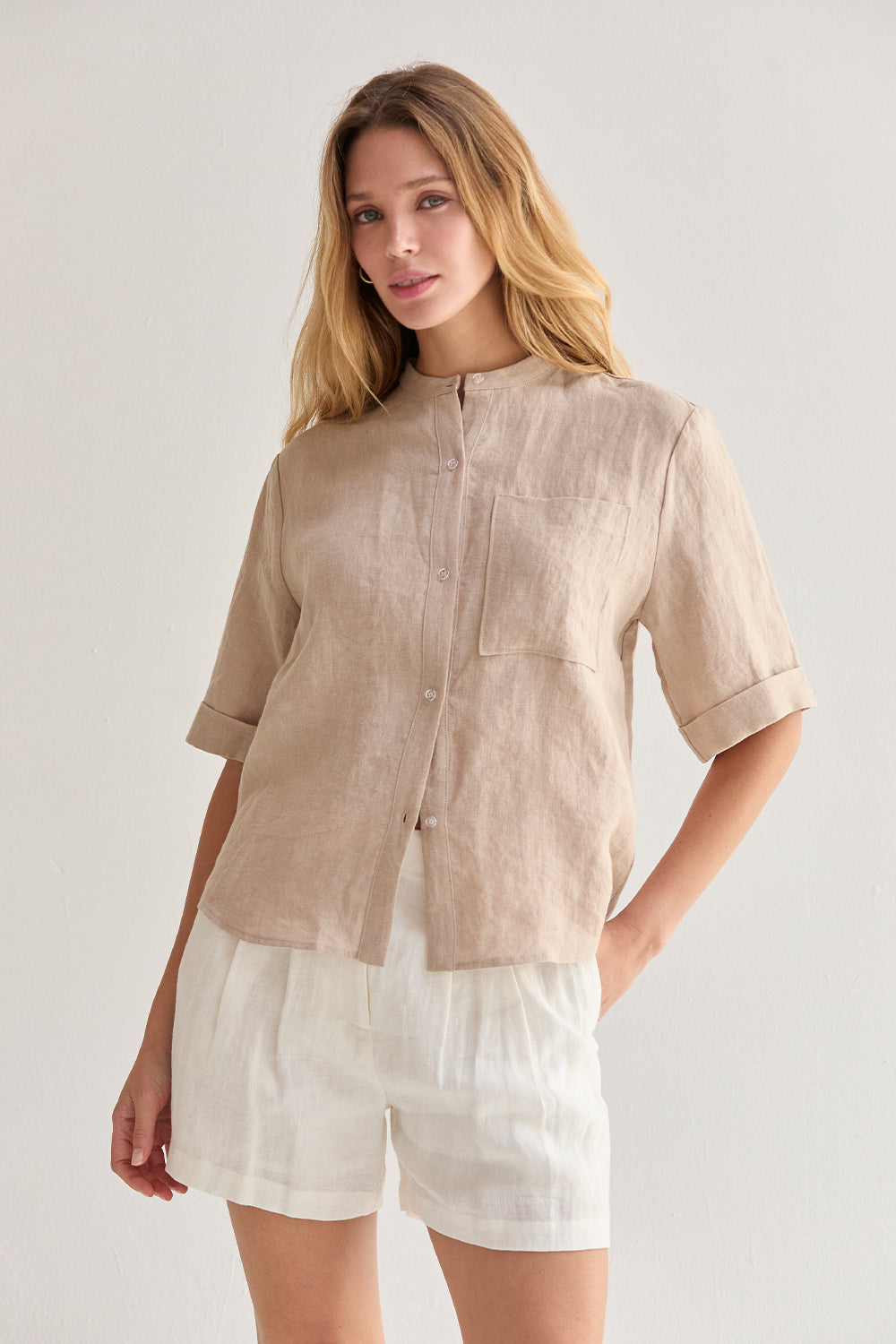 Joyce Mandarin Collar Button Up Linen Top