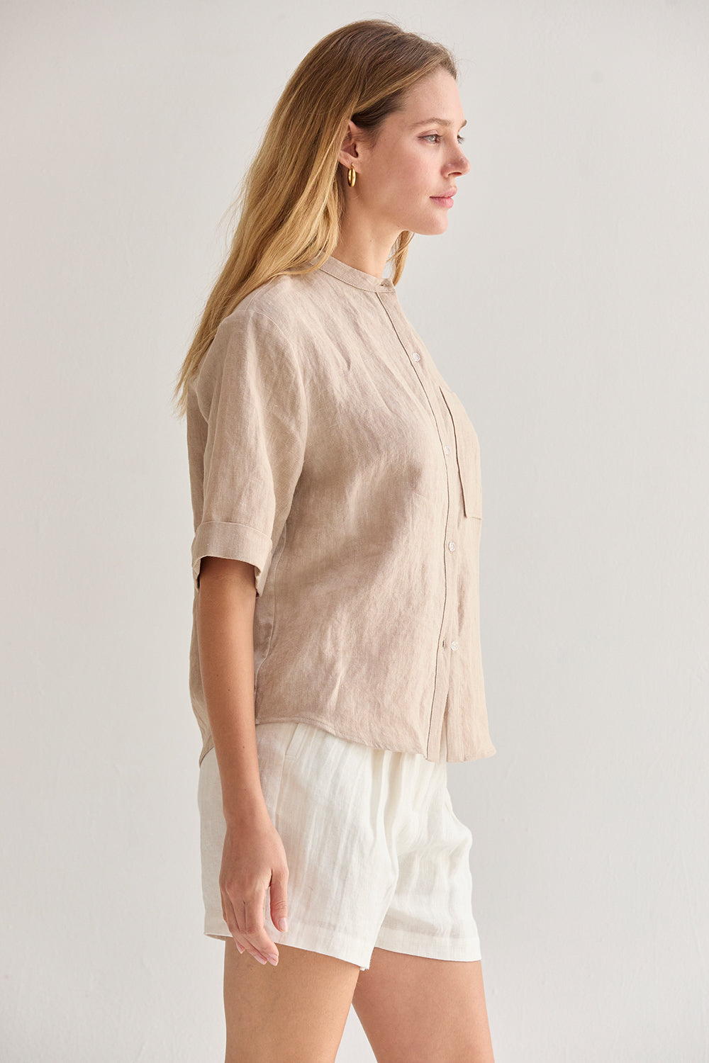Joyce Mandarin Collar Button Up Linen Top