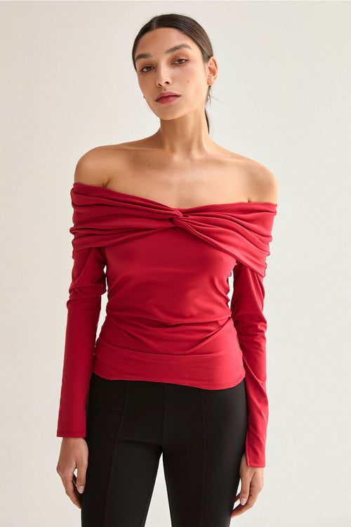 Abigail Front Twist Off Shoulder Knit Top