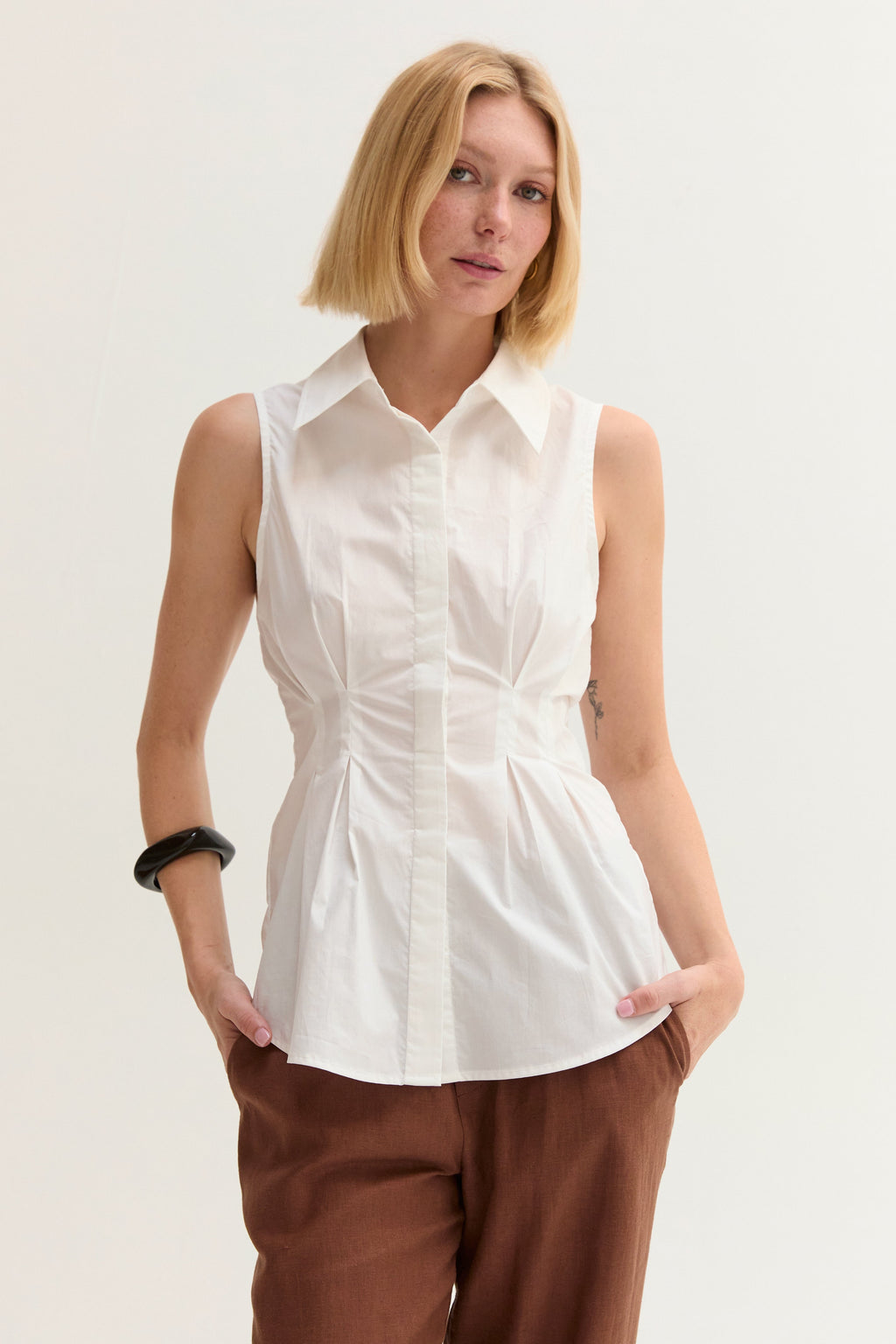 Jay Pleated Sleeveless Poplin Top