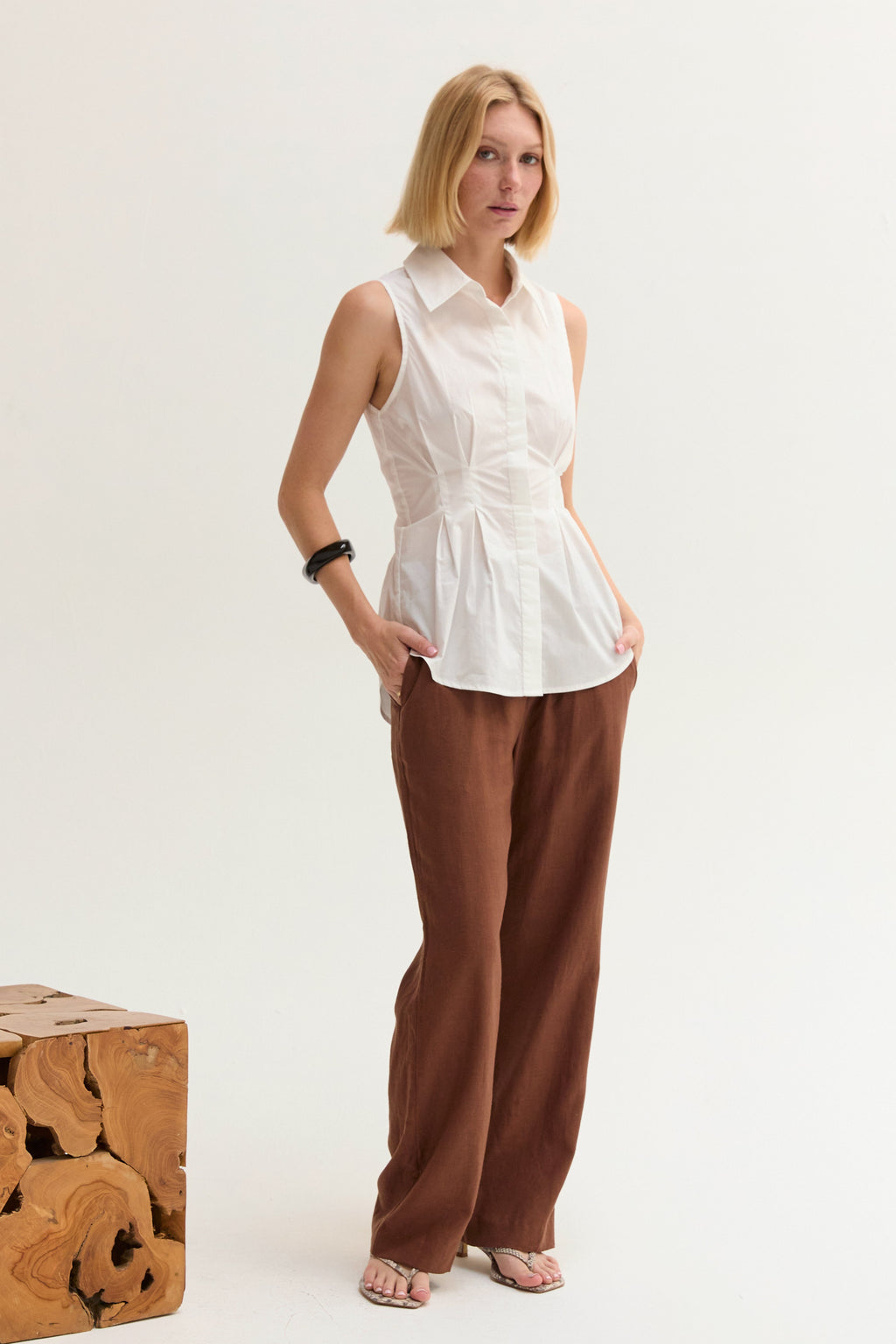 Jay Pleated Sleeveless Poplin Top