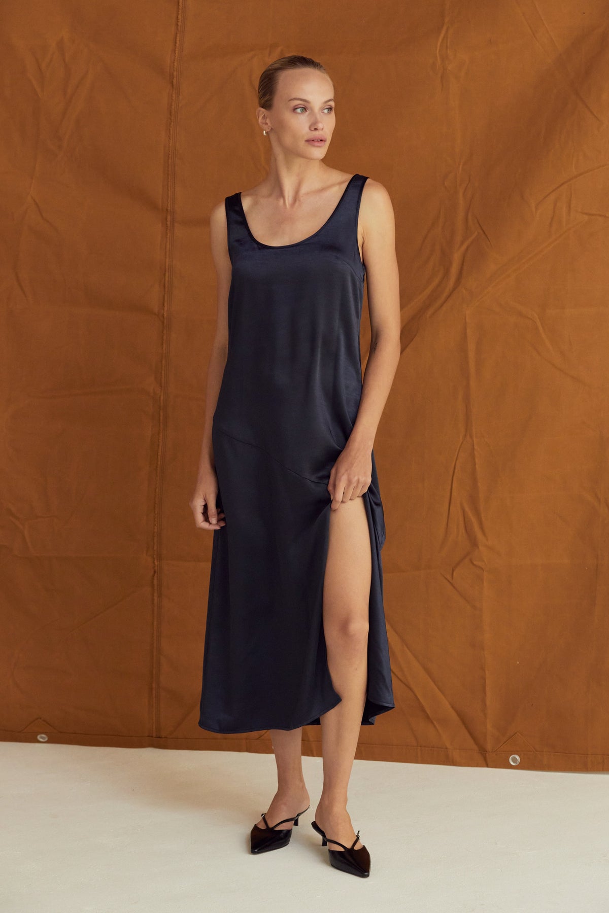 Derin Crushed Satin Tank Midi Dress