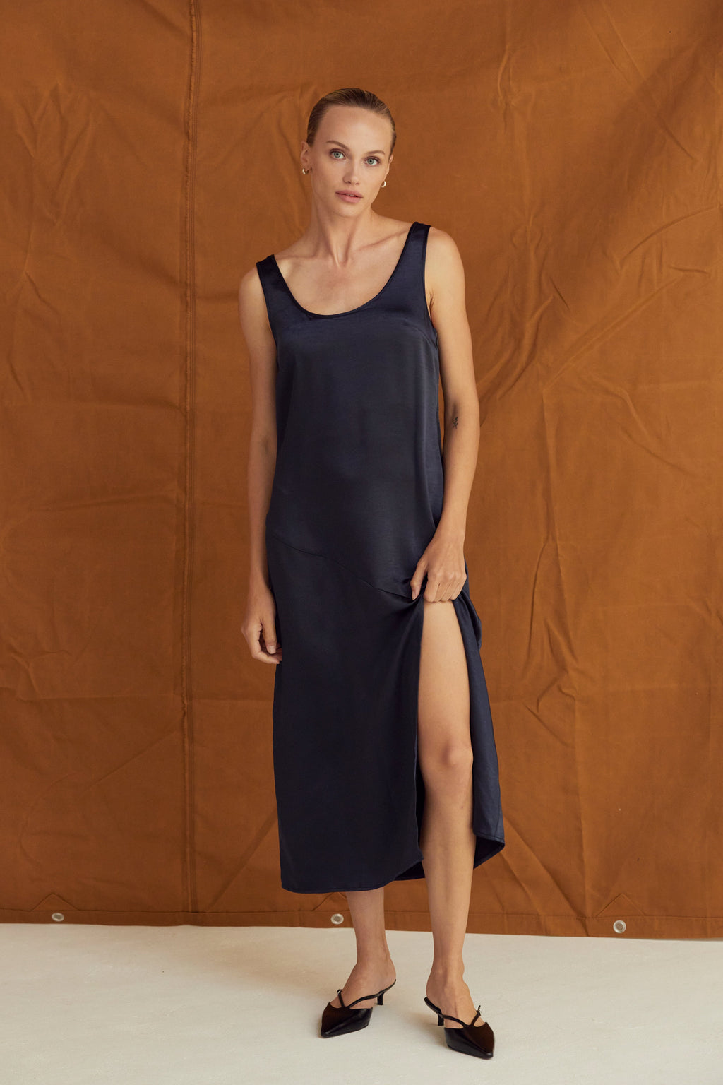 Derin Crushed Satin Tank Midi Dress