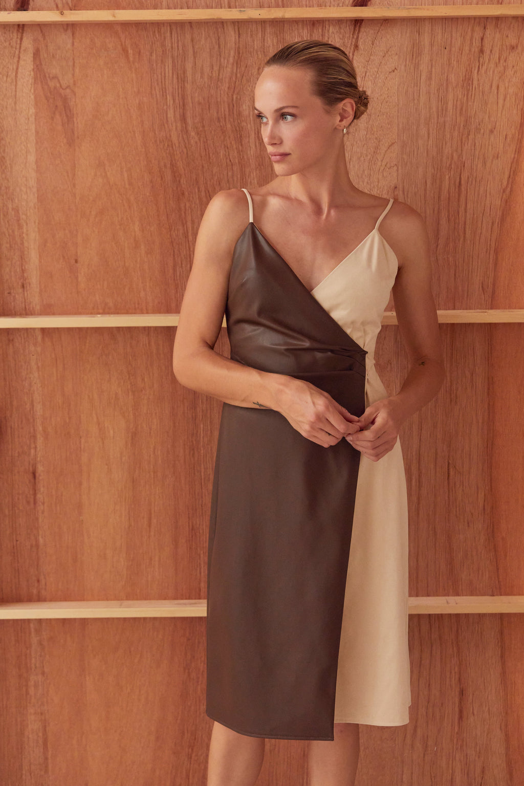 Ava Mixed Media Wrap Midi Dress