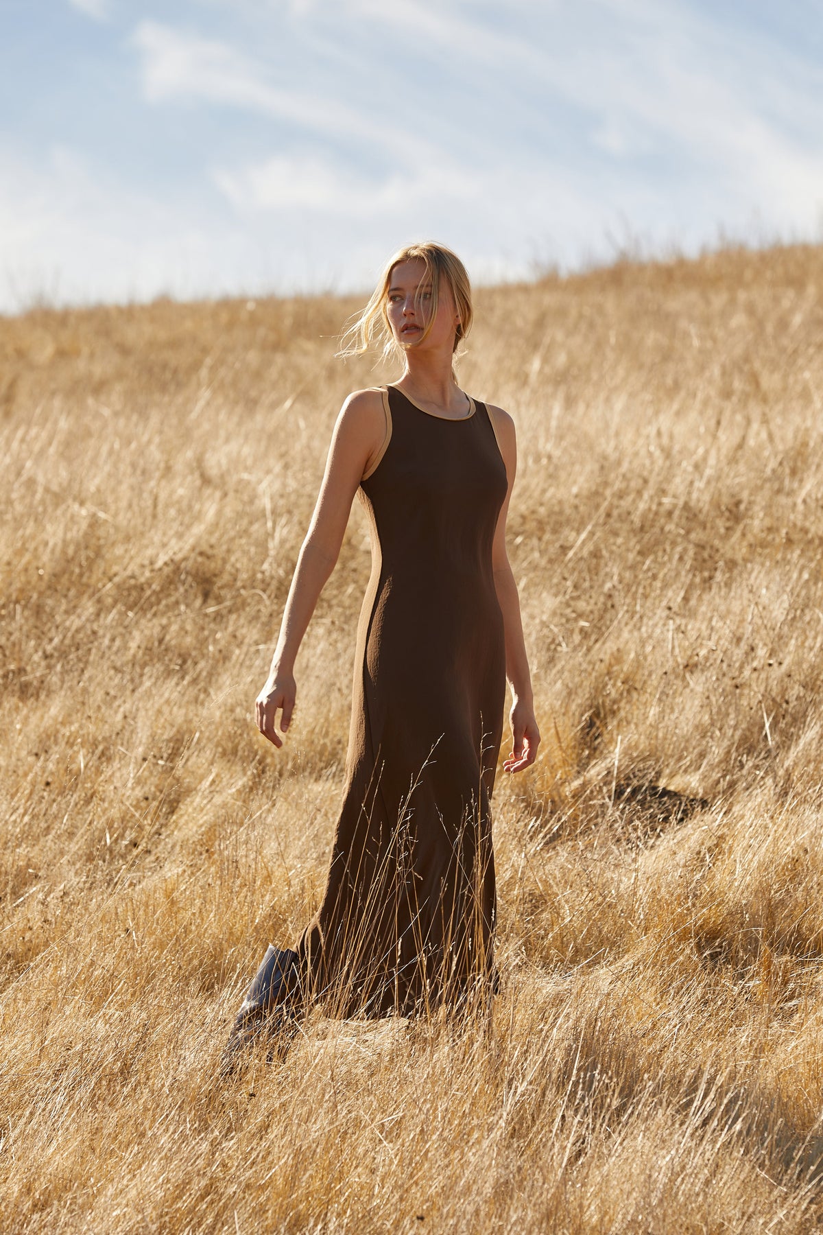 Maeve Suede Trim Chiffon Maxi Dress