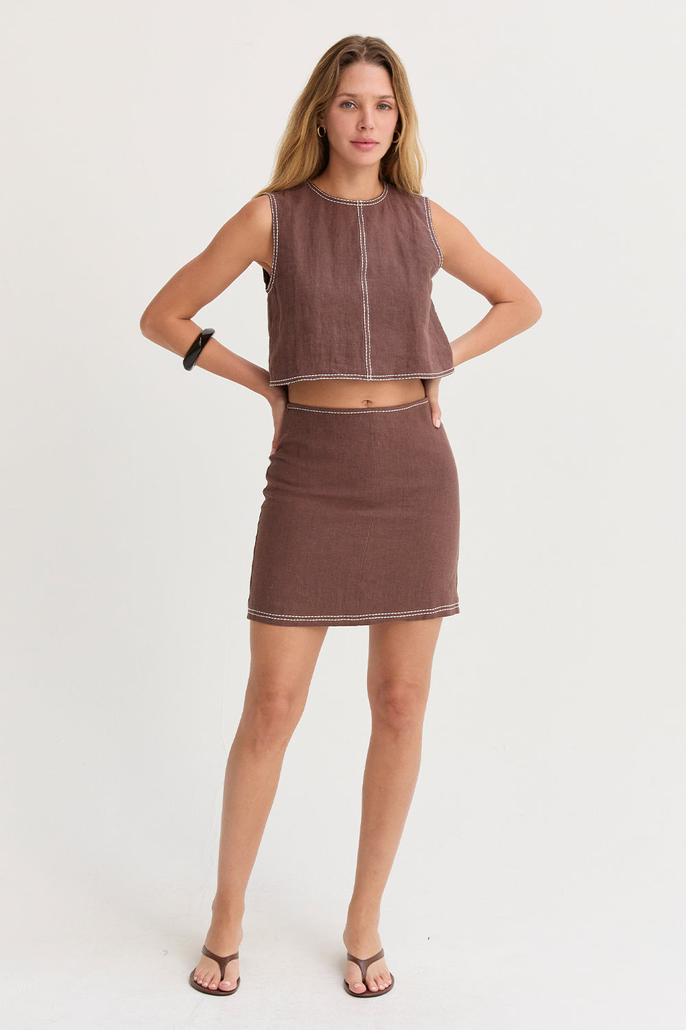 Bonez Contrast Stitch Linen Mini Skirt