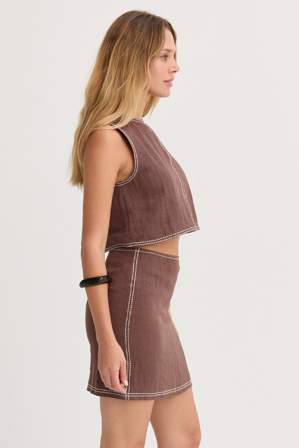 Bonez Contrast Stitch Linen Mini Skirt