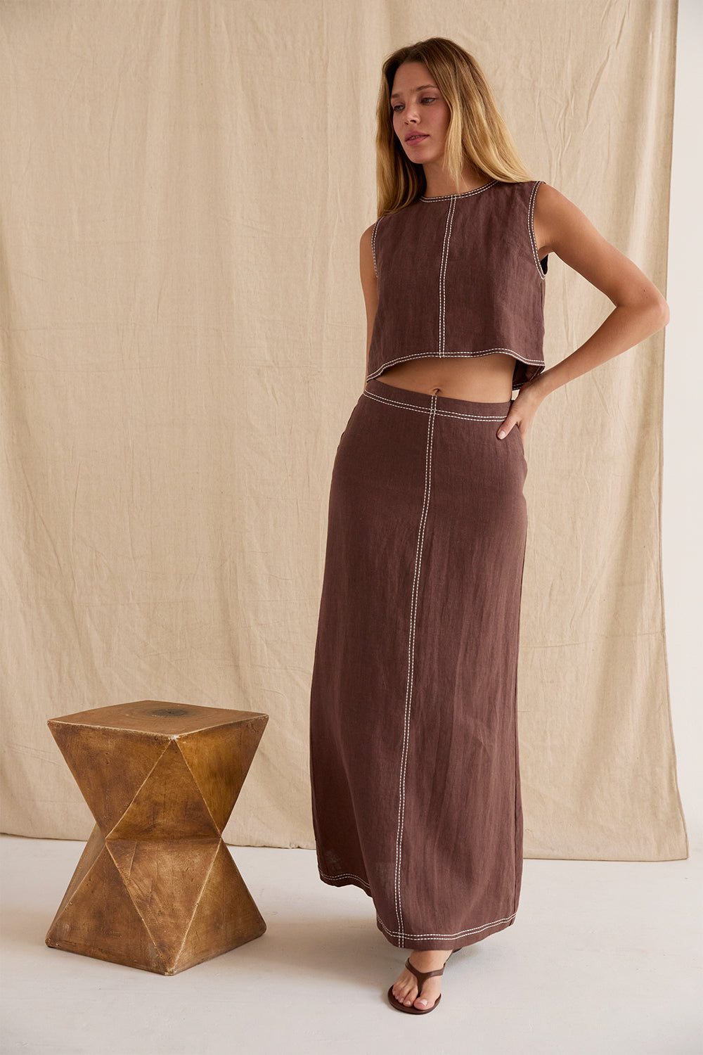 Kiara Contrast Stitch Linen Crop Top