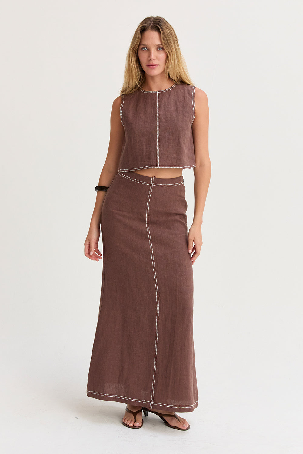 Kiara Contrast Stitch Linen Crop Top