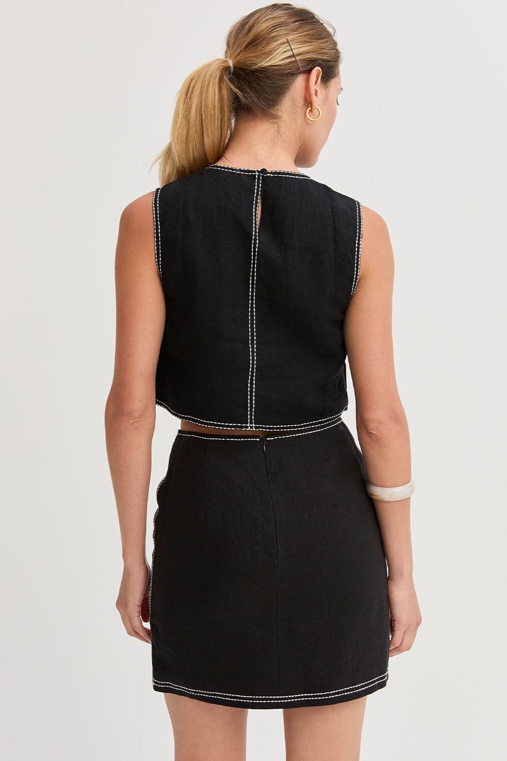 Kiara Contrast Stitch Linen Crop Top