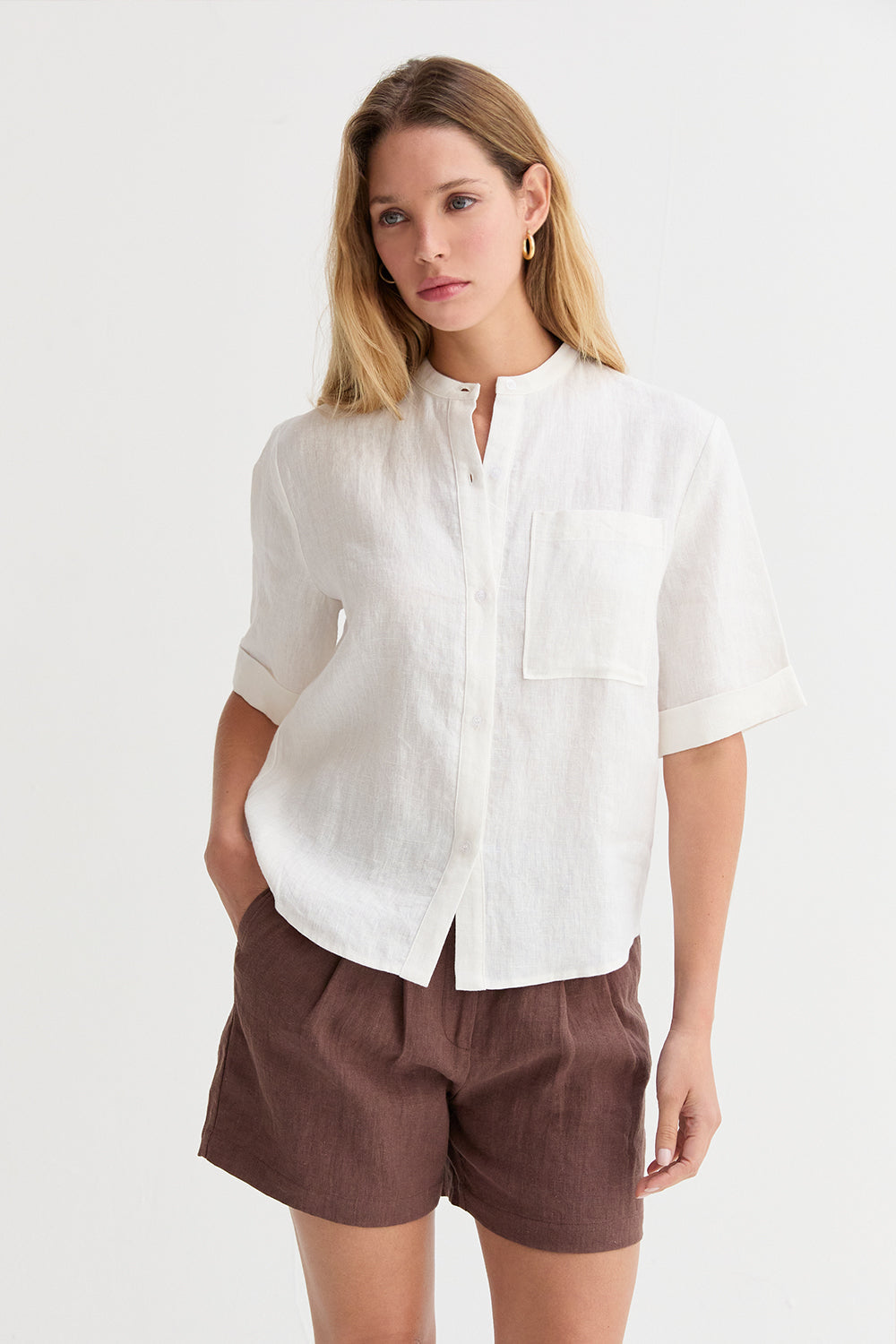 Joyce Mandarin Collar Button Up Linen Top