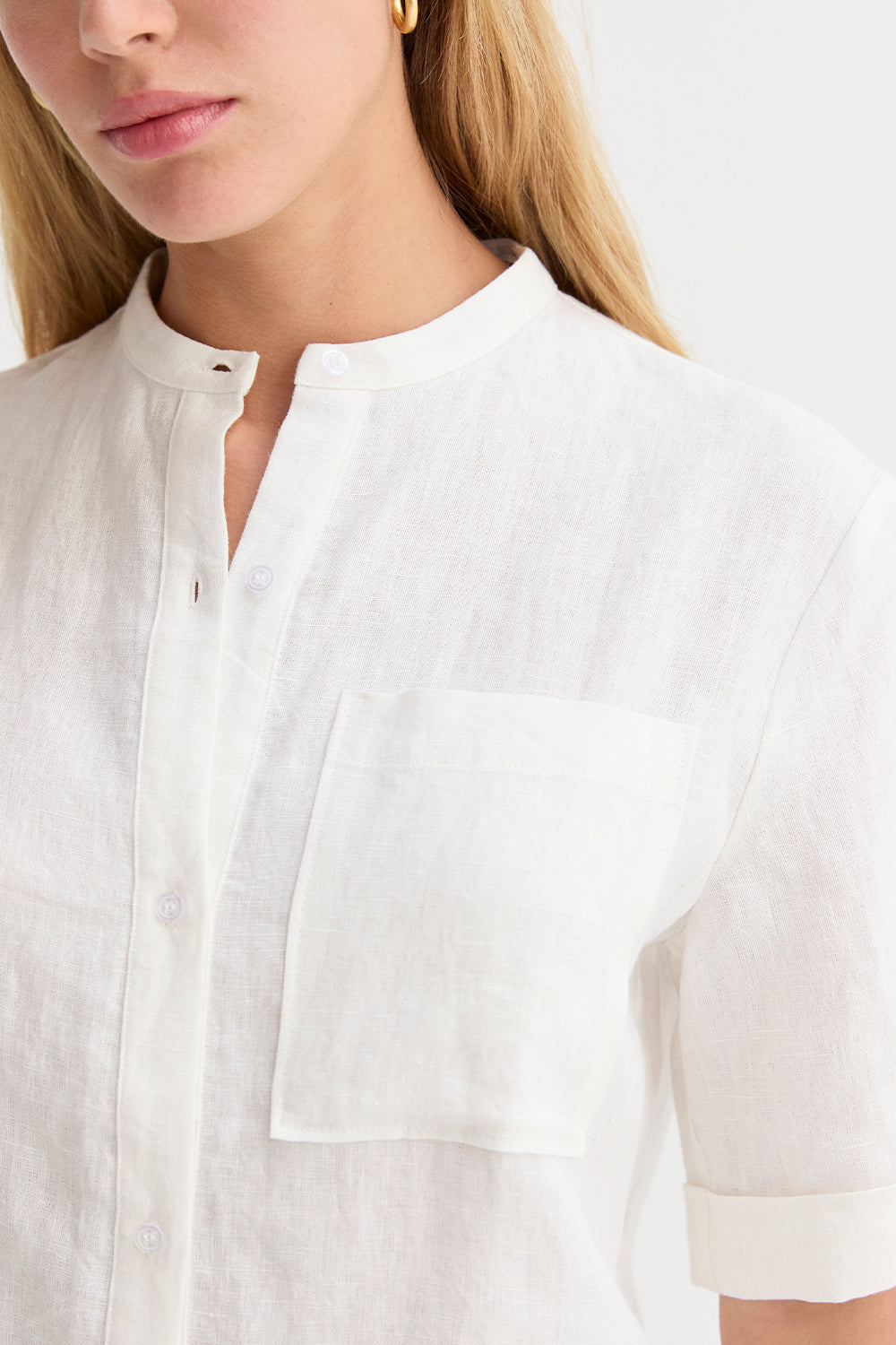 Joyce Mandarin Collar Button Up Linen Top