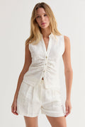 Jaylin Sleeveless Mandarin Collar Linen Blouse